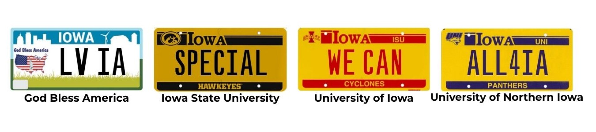 God Bless America, University of Iowa, Iowa State University, University of Northern Iowa plates.
