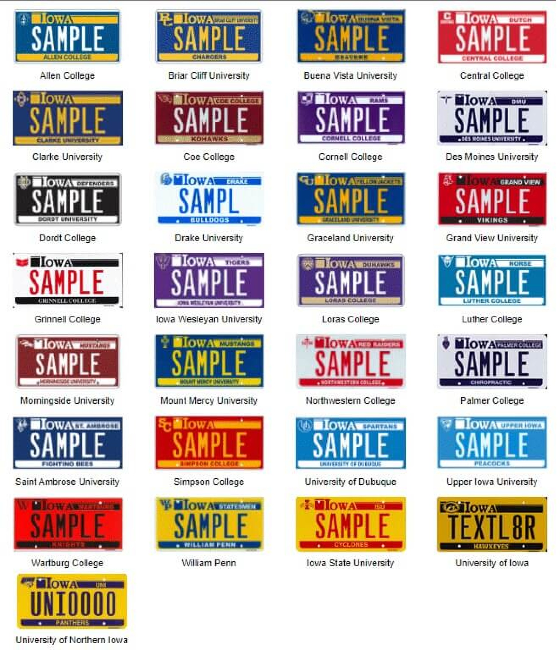 Specialty License Plate Options - Universities
