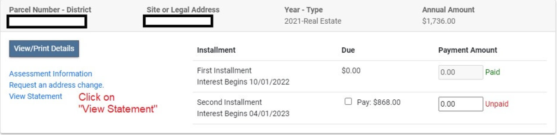 Screenshot of how to find a tax statement through the Iowa Treasurers Website.